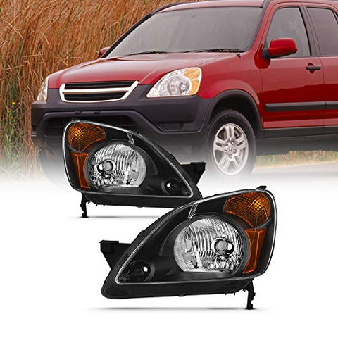 For 2002 2003 2004 Honda CR-V Black Housing [w/Amber Corner Lamp] Headlights Driver+Passenger Side Replacement