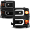 For U Neon Bar Style Black Smoked 2014-15 Chevy Silverado 1500 LED DRL Projector LH + RH Side Headlights