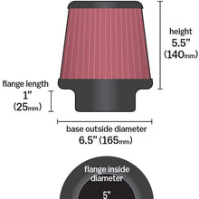 K&N Universal Clamp-On Air Filter: High Performance, Premium, Washable, Replacement Engine Filter: Flange Diameter: 5 In, Filter Height: 5.5 In, Flange Length: 1 In, Shape: Round Tapered, RU-5147