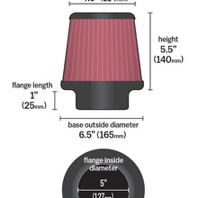 K&N Universal Clamp-On Engine Air Filter: Washable and Reusable: Round Tapered; 5 in (127 mm) Flange ID; 5.5 in (140 mm) Height; 6.5 in (165 mm) Base; 4.5 in (114 mm) Top , RU-5147