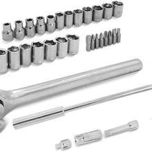 YUFANYA 32 Pcs SAE Car Repair Tool Box Kit Auto Mechanics Tool Set 3/8 , 1/4Inch Socket Ratchet Wrench Extension Bars Socket Adapter With Storage Box Automotive Maintenance and Repair Tool Kit