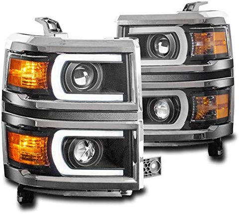 ZMAUTOPARTS For 2014-2015 Chevy Silverado 1500 DRL LED Black Projector Headlights Lamps