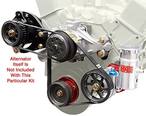 NEW SMALL BLOCK CHEVY SERPENTINE FRONT ENGINE KIT WITH 1 TO 1 PULLEYS, WATER PUMP, POWER STEERING PUMP, RESERVOIR, BLOCK MOUNT BRACKET, WITH DENSO ALTERNATOR SETUP