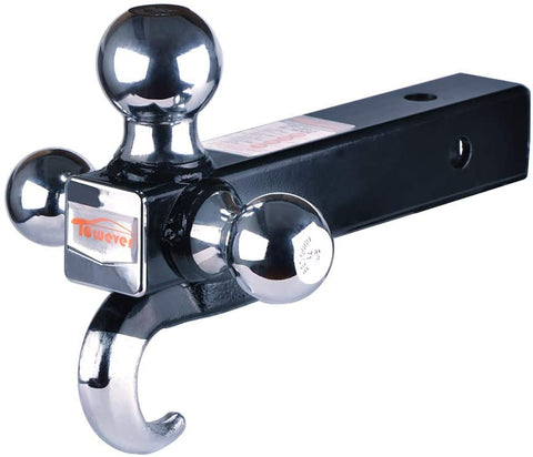 Towever 84180 2 inches Class III/IV Trailer Hitch Tri Ball Mount with Hook (Hollow Shank Tow Hitch, Black&Chrome)