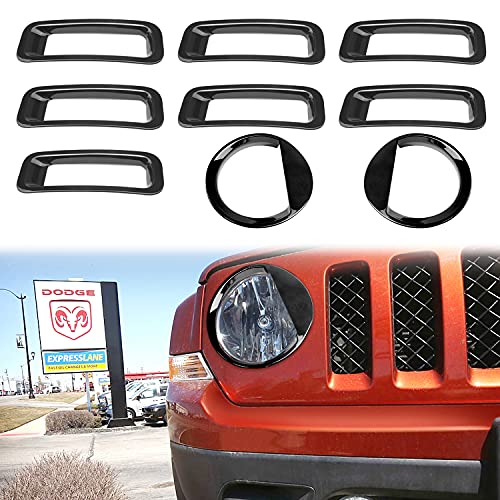 AVOMAR Front Grille Grill Mesh Grille Insert Kit + Angry Bird Style Headlight Lamp Cover Trim Compatible for Jeep Patriot 2011-2016 (Black Front Grill Mesh + Angry Bird Headlight Cover-3)