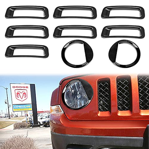 AVOMAR Front Grille Grill Mesh Grille Insert Kit + Angry Bird Style Headlight Lamp Cover Trim Compatible for Jeep Patriot 2011-2016 (Black Front Grill Mesh + Angry Bird Headlight Cover-3)