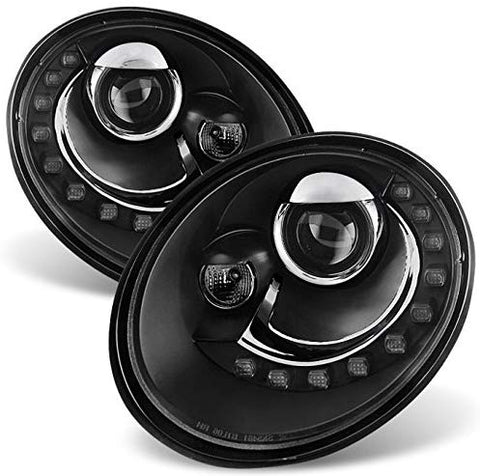 For VW Beetle Black Bezel DRL Daylight LED Strip Projector Headlights Front Lamps Replacement