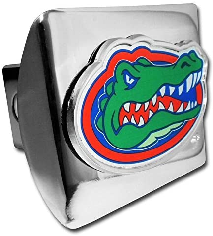 University of Florida Gators Bright Polished Chrome with Color Gator Head Emblem NCAA College Sports Trailer Hitch Cover Fits 2 Inch Auto Car Truck Receiver