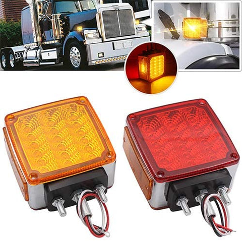 2x Truck Trailer Pedestal Stop Turn Tail Light - Amber/Red 39 Square LED Fender Stud Mount Double Face Light for Peterbilt Freightliner Kenworth Mack Western Star (39 LED Double Face Light)
