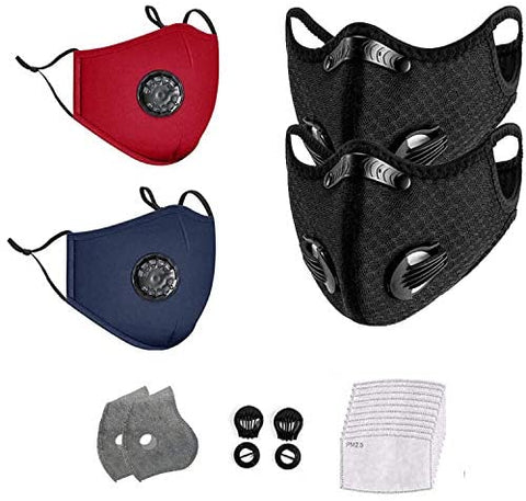 Dust face guard, withactivated carbon filter, suitable for various occasions (2 cotton face guard + 30 PM2.5 filter + 2 riding face guard + 20 filter + 8 breathing valve) (2 black + black and blue)