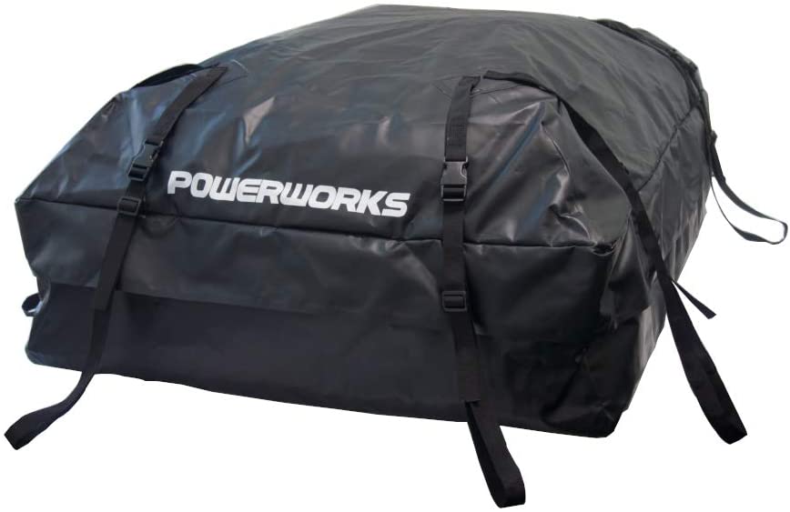 POWERWORKS Waterproof Auto Car Rooftop Cargo Carrier Bag Compatible with All Cars with/Without Rack, Invisible Zipper, 15 Cubic Feet, Black