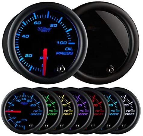 GlowShift Tinted 7 Color 100 PSI Oil Pressure Gauge Kit - Includes Electronic Sensor - Black Dial - Smoked Lens - For Car & Truck - 2-1/16