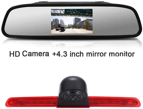 HD Third Roof Top Mount Brake Lamp Reverse Rear View Backup Camera Angle and Distance Adjustable Night Vision for V W T6 Caravelle Bus Transporter MPV SUV (Camera+Rearview Mirror)