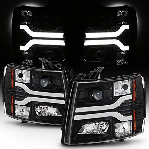 For GMT900 Chevy Silverado Pickup Truck Dual LED Tube DRL Black Projector Headlights Pairs Lamps