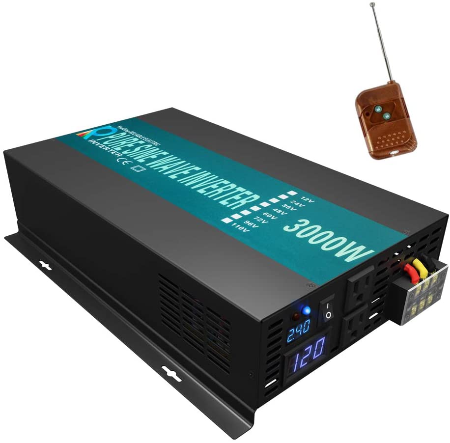 WZRELB 3000watt Pure Sine Wave Inverter 24V DC to 120V AC 60HZ with LED Display Wireless Remote Controller Car Inverter Generator (RBP300024VCRT)