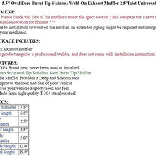 S SIZVER Weld-On Muffler Series 5.5" Oval Euro Burnt Tip Stainless Weld-On Exhaust Muffler 2.5" Inlet Universal 2