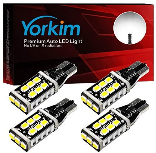 Yorkim 912 921 LED Backup Light Bulbs High Power 2835 15-SMD Chipsets Extremely Bright Error Free T15 906 W16W for Back Up, Reverse, Tail, Brake Lights, 6000K White, Pack of 4