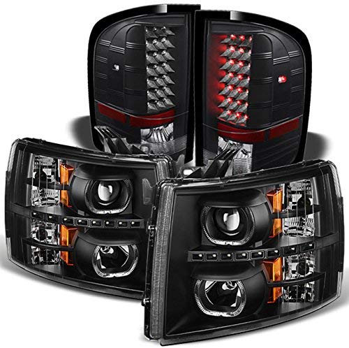 For [Dual LED Halo Ring] 07-13 Silverado Pickup Truck Black Projector Headlights + LED Tail light Set