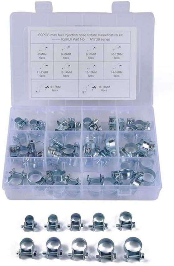 SHOUNAO 60pcs/Set 7-18MM 10 Sizes Strong Mini Pipe Hose Clamp for Fuel Hose Clip (Color : Silver) (Silver)