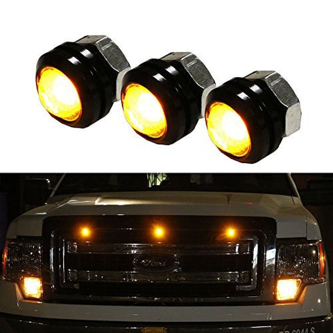 iJDMTOY 3pc Raptor Style Amber Yellow LED Bolt-On Mount Grille Marker Light Kit, Universal Fit Truck or SUV Front Grill, Powered By High Power 3000K Amber Color LED Diodes w/Projector Lens