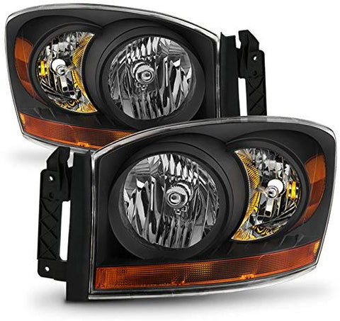 For 06-08 Ram 1500 06-09 Ram 2500 3500 Pickup Truck Black Headlights Front Lamps Direct Replacement