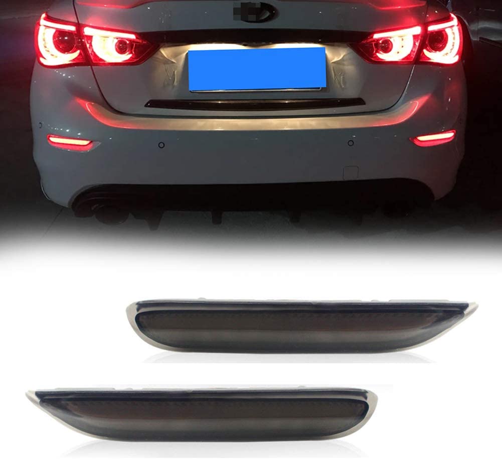 GTINTHEBOX 3D Optic LED Rear Bumper Reflector Brake Tail Lights w/Sequential Turn Signal Lamps, Strobe Brake Lighting Kit For Infiniti Q50 QX56 QX60 QX80 Nissan Pathfinder Rogue, etc