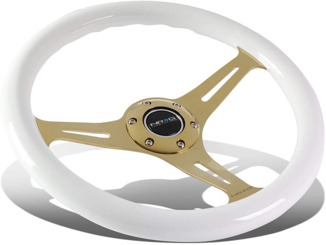 NRG Innovations ST-015CG-WT 350mm Chrome Gold Spokes White Wood Grain Grip Steering Wheel