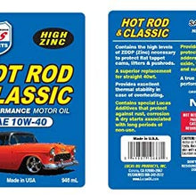 Lucas Oil Hot Rod & Classic Car SAE 10W-40 HP High Zinc Petroleum High Performance Motor Oil for Use with Racing Fuels & Synthetic/Non-Synthetic Oils, 5 Quarts