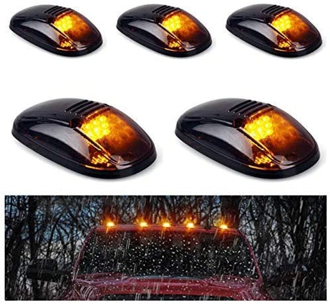 5pcs Black Smoked Lens Amber LED Cab Roof Marker Lights, KOMAS Roof Top Lamp Clearance Running Light Replacement for Truck SUV 1999-2002 Dodge Ram 1500 2500 3500 4500 (Black Smoked Lens& Amber LED)