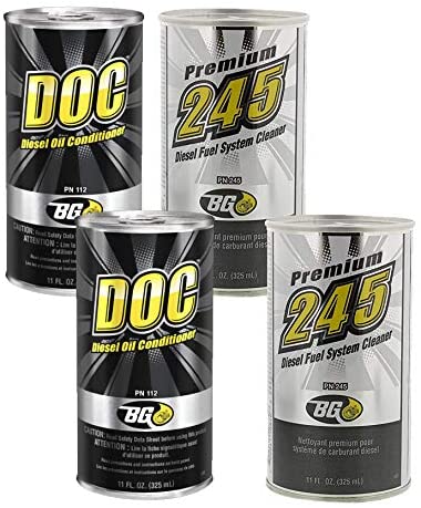 2 cans of BG 245 Premium Diesel Fuel System Cleaner and 2 cans of 112 BG DOC Diesel Oil Conditioner