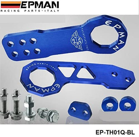 EPMAN Anodized Billet Aluminum Front + Rear Tow Hook Kit For Universal Car (Blue)