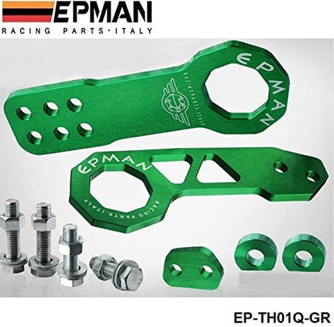 EPMAN Anodized Billet Aluminum Front + Rear Tow Hook Kit For Universal Car (Green)