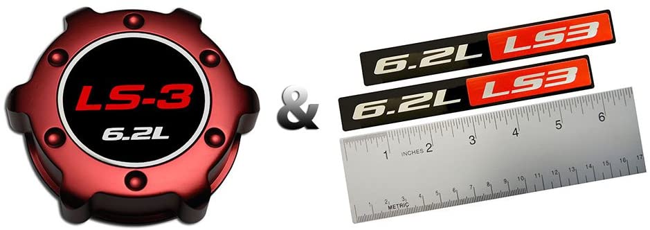 COMBO – LS3 6.2L RED OIL CAP in Billet Aluminum + 2 x (pair/set) RED BLACK 6.2L Liter LS3 Real Aluminum Engine Hood Emblem Badge Nameplate Crate for 08-09 Chevy Corvette C6 09-10 Pontiac G8 GXP 08-09 Holden & Vauxhall 2010 Chevy Camaro