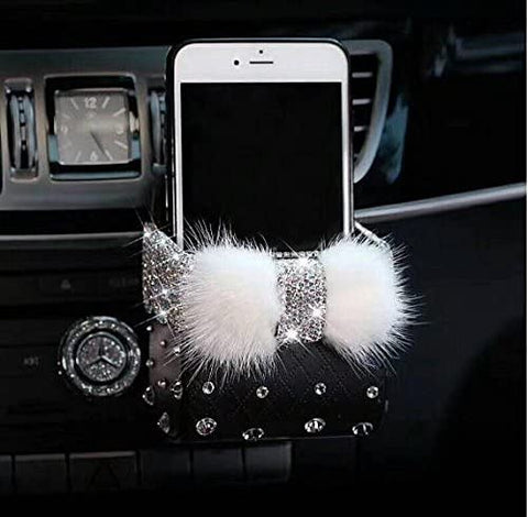 TISHAA Bling Bling Car Air Vent Mobile Cellphone Pocket Bag Pouch Box Storage Organizer Carrying Case (Rabbit Fur Black Holder)