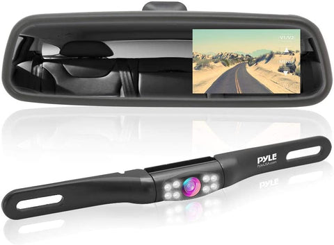 Rear View Backup Camera System - Parking Reverse Car Vehicle Rearview Back Up w/ 4.3” LCD Mirror Monitor Assembly Kit, Night Vision, Tilt-Adjustable Angle, Mounts on License Plate - Pyle PLCM4560