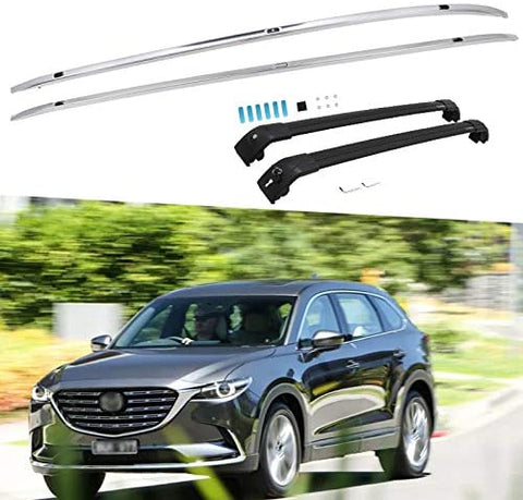 HEKA 4PC Silver Roof Rack Rail + Black Cross Bar for Mazda CX-9 CX9 2016 2017 2019 2019 2020 2021 Lockable Adjustable