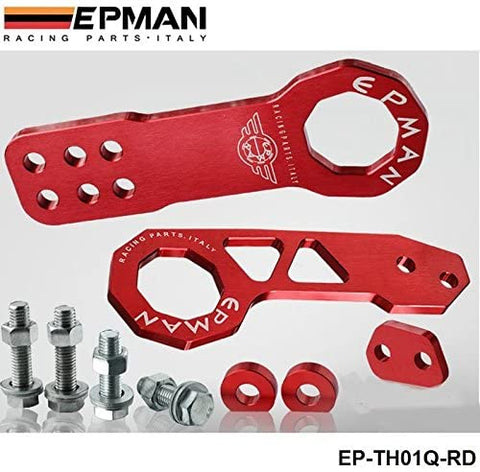 EPMAN Anodized Billet Aluminum Front + Rear Tow Hook Kit For Universal Car (Red)