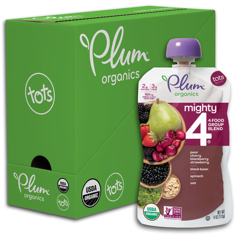 Plum Organics Mighty 4, Organic Toddler Food, Pear, Cherry, Blackberry, Strawberry, Black Bean, Spinach & Oat, 4oz Pouch (Pack of 6)