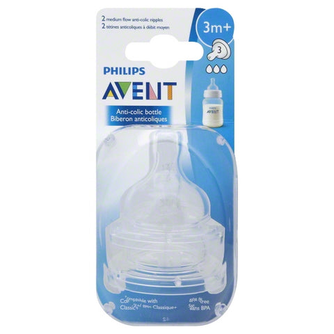 Philips Avent Anti-Colic Medium Flow Nipple for Avent Anti-Colic Baby Bottles, 3 Months+, BPA-Free, 2pk