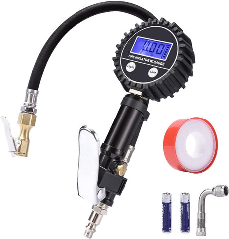 Digital Tire Pressure Gauge MICTUNING Heavy Duty 200 PSI Tire Inflator Air Pressure Gauge with Air Chuck, Valve Extender and Compressor Accessories Black Fits Car Truck Bike Motorcycle