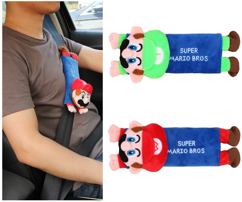 HoDrme Super Mario Car Seat Belt Covers-Plush Mario Brothers Safty Belt Protector Cushions Shoulder Pads, 2 Pieces