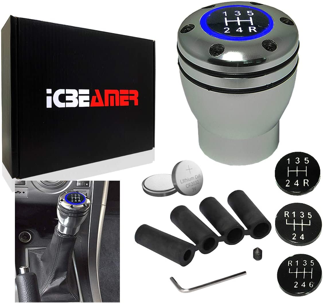 ICBEAMER Racing Style Manual Transmission Stick Shift Knob Silver Aluminum 5 6 Speed with Red LED Light CR2032 Battery