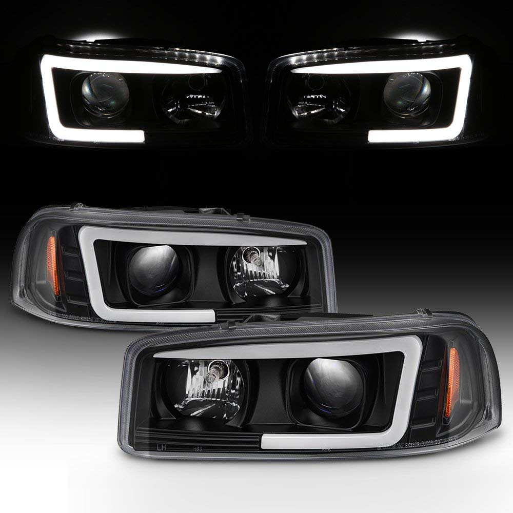 For 99-06 GMC Sierra 1500 2500HD 3500 C3 Yukon XL Black LED Tube Projector Headlights Driver+Passenger Side Pair