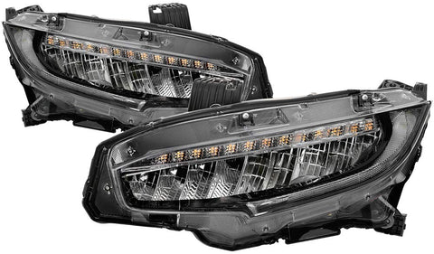 Carpart4u - Full LED Sequential DRL Headlights for Honda Civic 16-18 - Black/Clear Lens