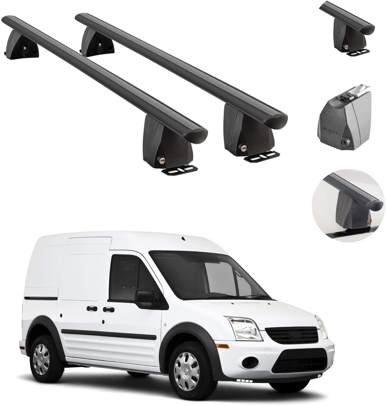 OMAC Auto Exterior Accessories Fixed Point Roof Rack Crossbars | Aluminum Black Lockable Roof Top Cargo Management Racks | Luggage Ski Kayak Carriers Set 2 Pcs | Fits Ford Transit Connect 2010-2013