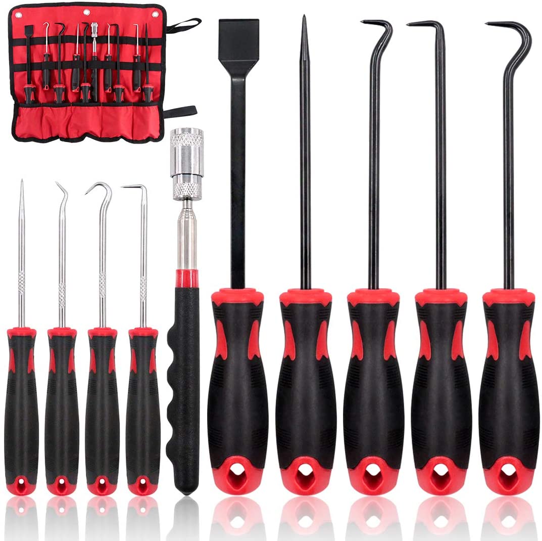 9Pcs Long Hook and Pick Set with Magnetic Telescoping Pick Up Tool Kit, Precision Scraper Gasket Scraping Hose Removal Puller Hook and Pick Set Perfect for Automotive and Electronic Tools