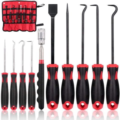 9Pcs Long Hook and Pick Set with Magnetic Telescoping Pick Up Tool Kit, Precision Scraper Gasket Scraping Hose Removal Puller Hook and Pick Set Perfect for Automotive and Electronic Tools