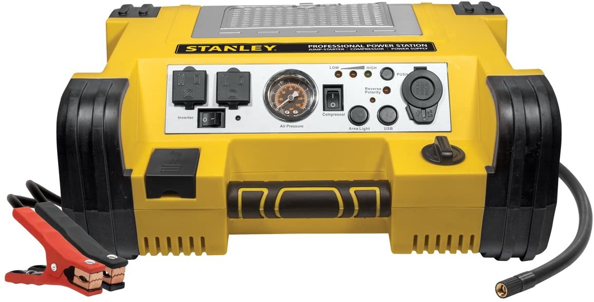 STANLEY PPRH5 Professional Power Station Jump Starter: 1000 Peak/500 Instant Amps, 500W Inverter, 120 PSI Air Compressor, Battery Clamps