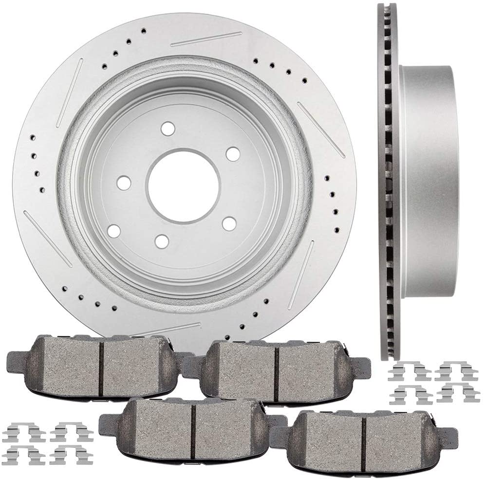 cciyu Rear Premium Brake Rotors + Ceramic Brake Pads with clip fit for Infiniti FX35 FX37 FX45 JX35 M35h M37 M56 Q50 Q60 Q70 Q70L QX60 QX70, for Nissan Murano Pathfinder Quest