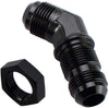 Performance Aluminum 45 Degree -6 AN Male Flare Union Bulkhead Fuel Fitting with AN6 Bulkhead Nut, Black